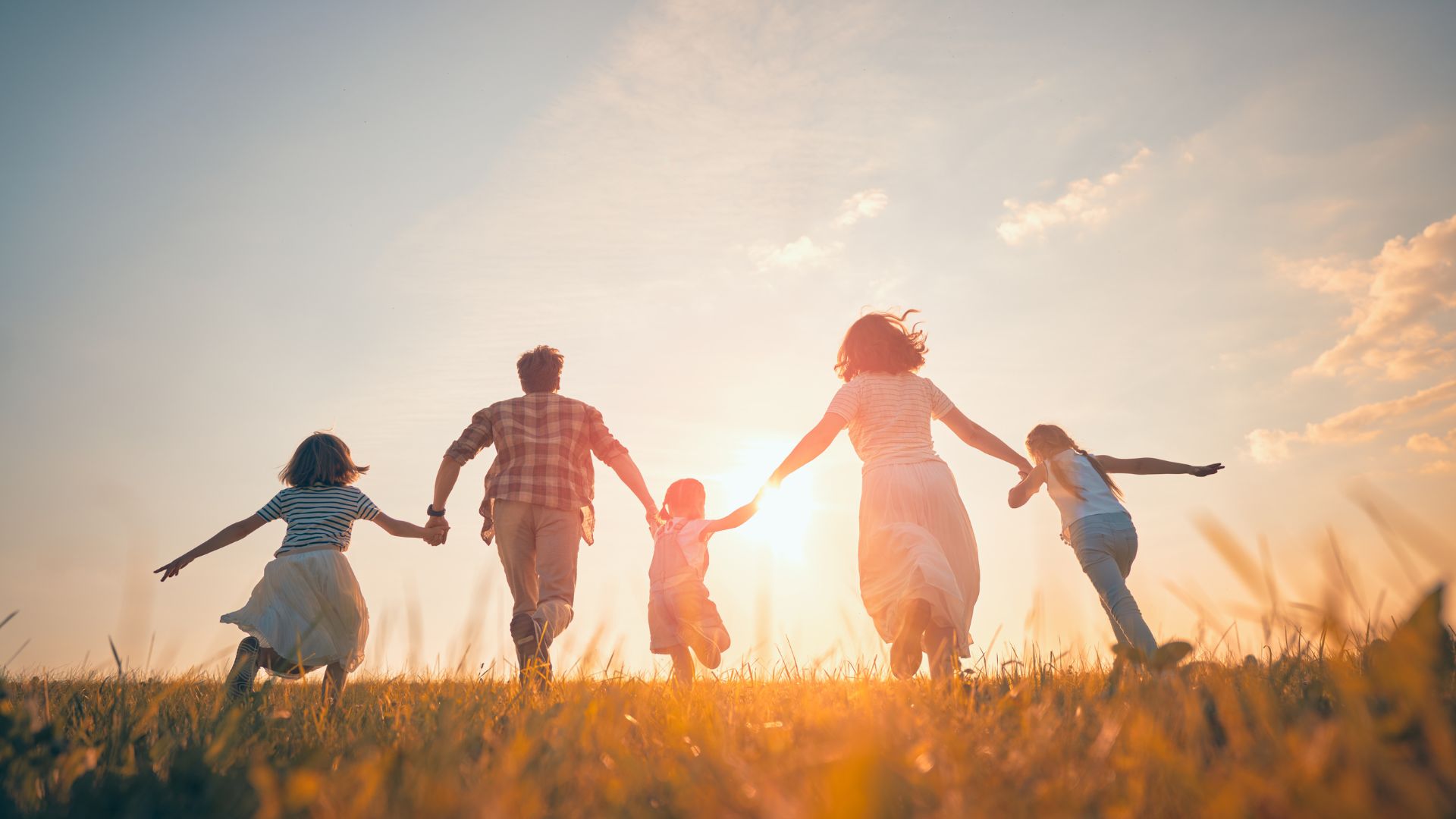 a family holding hands in a field with sunlight behind them